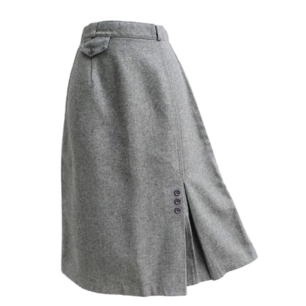 Vintage 60s 70s Skirt Midi Wool Grey Talon Zipper Academia Pleated Vent A Line